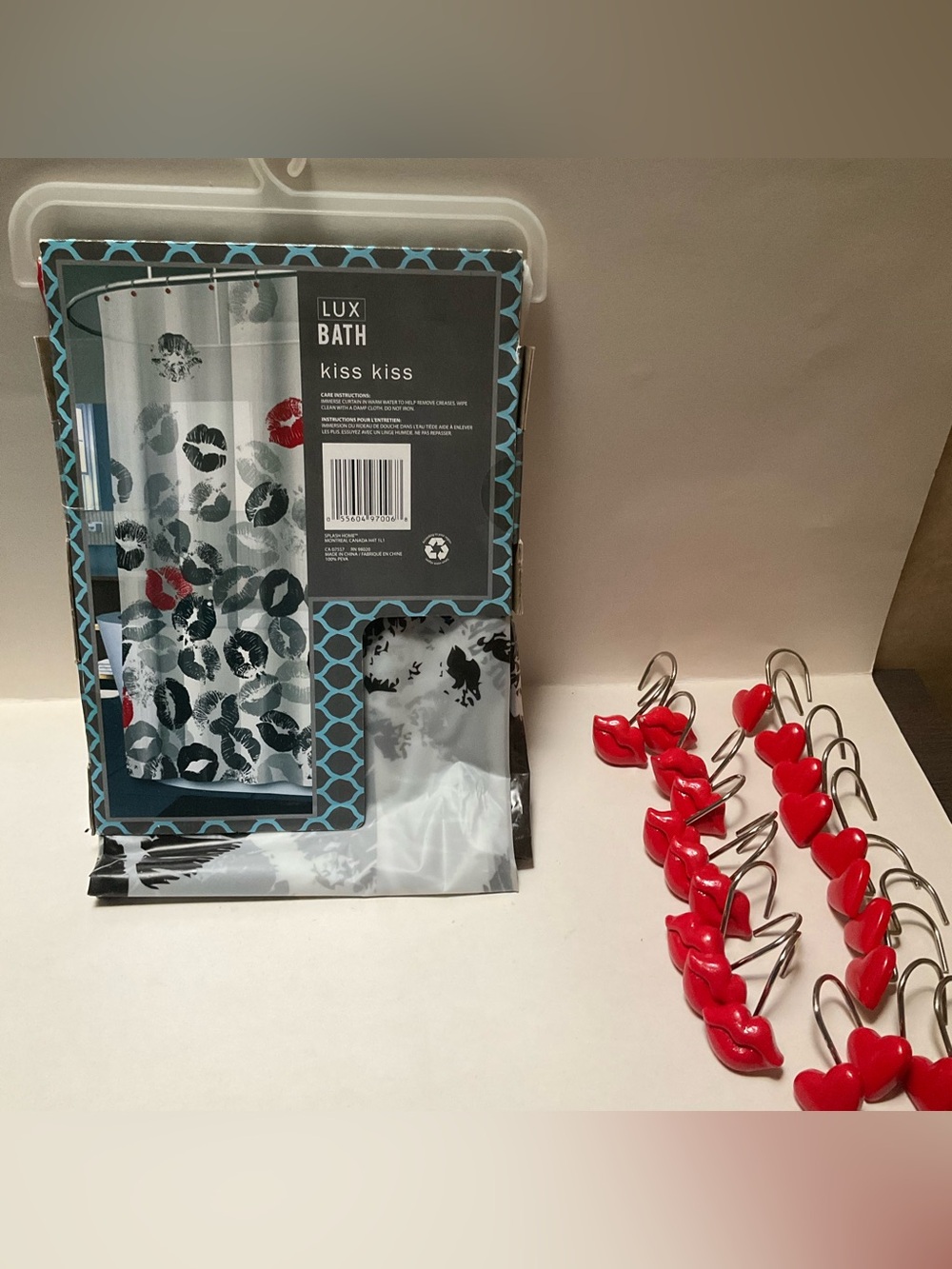 "Lux Bath Kiss Kiss" Red Black Lips Shower Curtain Matching Heart & Lips Hooks